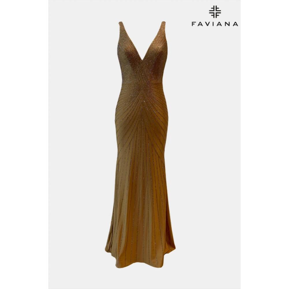 NEW FAVIANA women's v-neck hot stone with sunburst pattern gown in gold